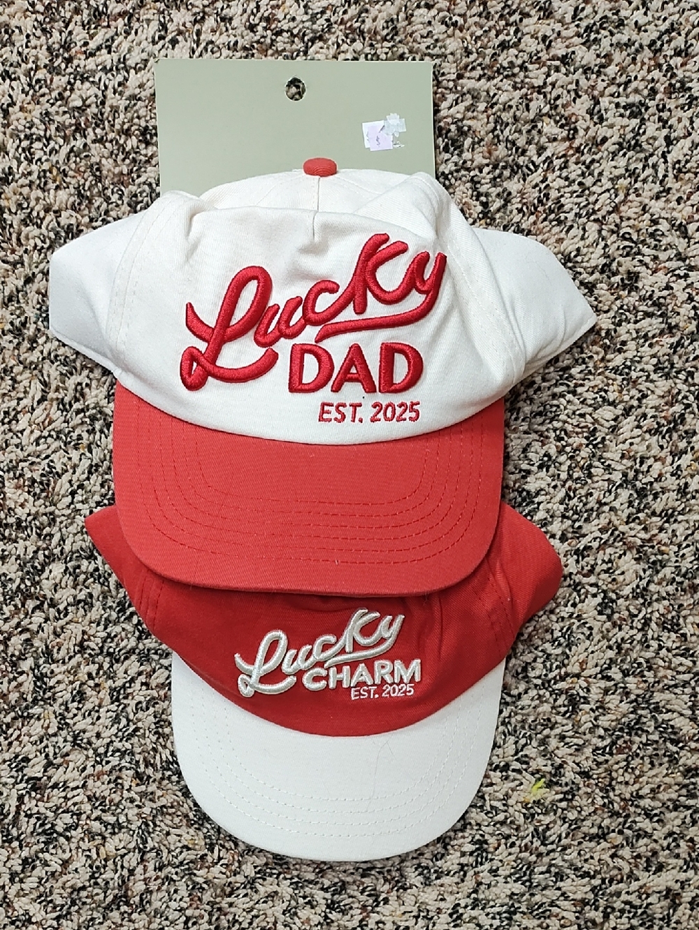 Lucky Dad & Lucky Charm Baseball Caps - Red and Cream